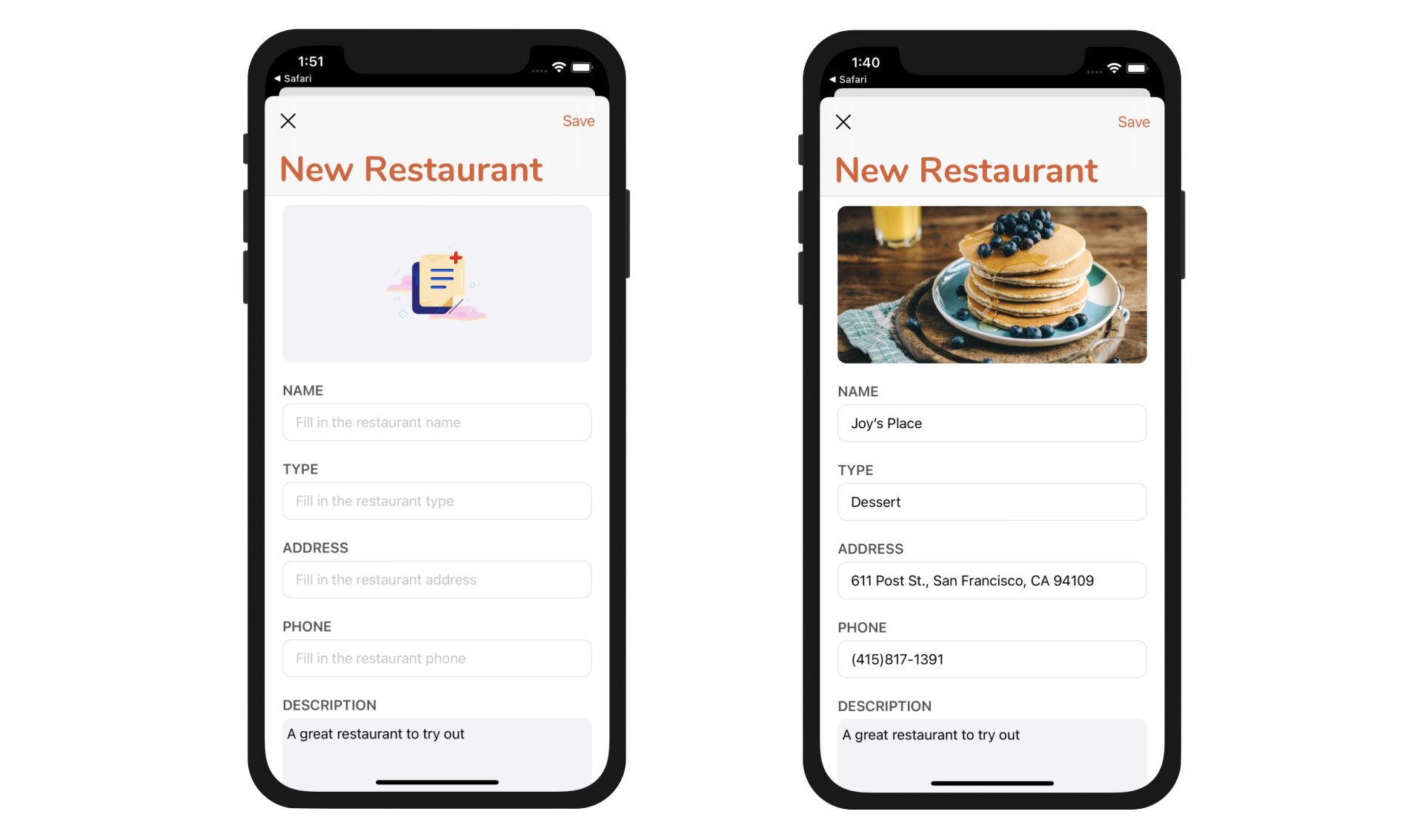 Figure 17-1. Creating a New Restaurant screen for adding a new restaurant