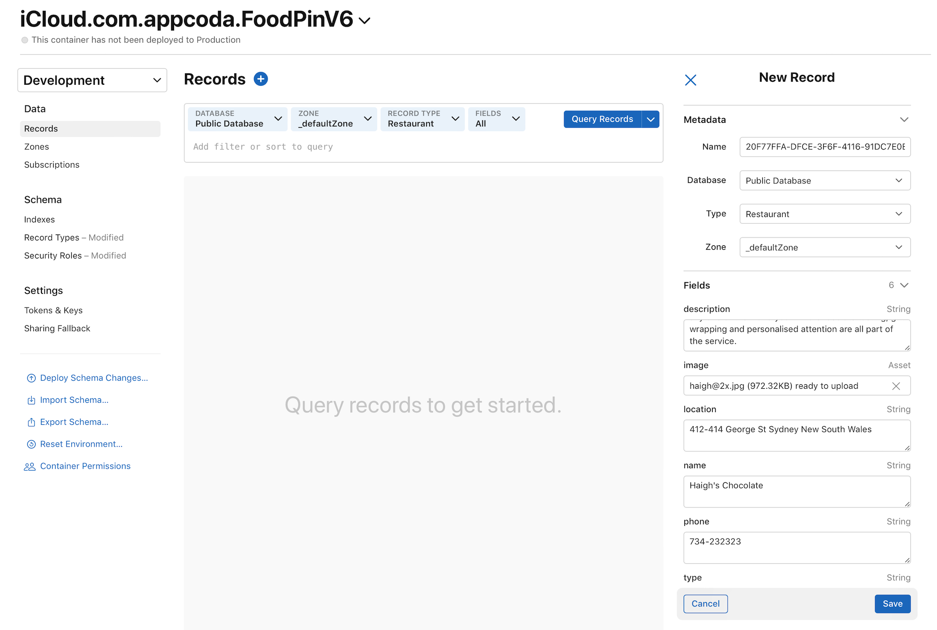 Figure 23-12. Adding a new record in CloudKit dashboard