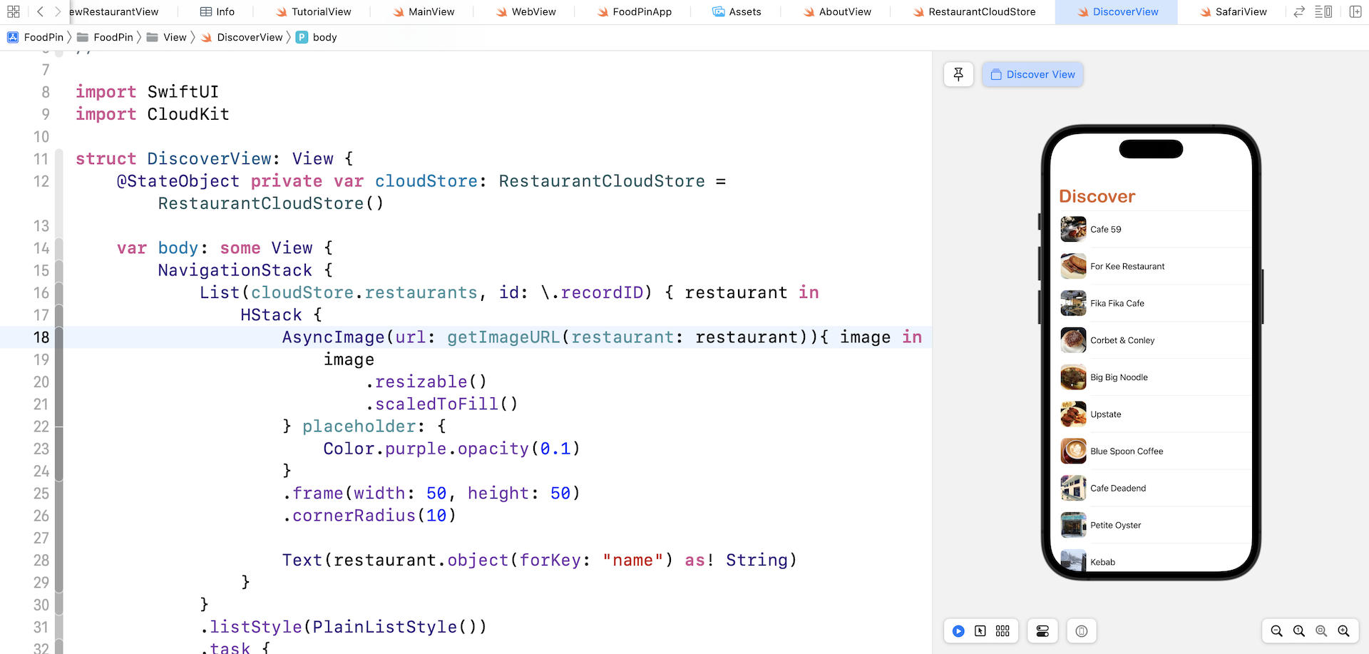 Figure 23-16. The Discover tab now downloads the restaurant from the public database