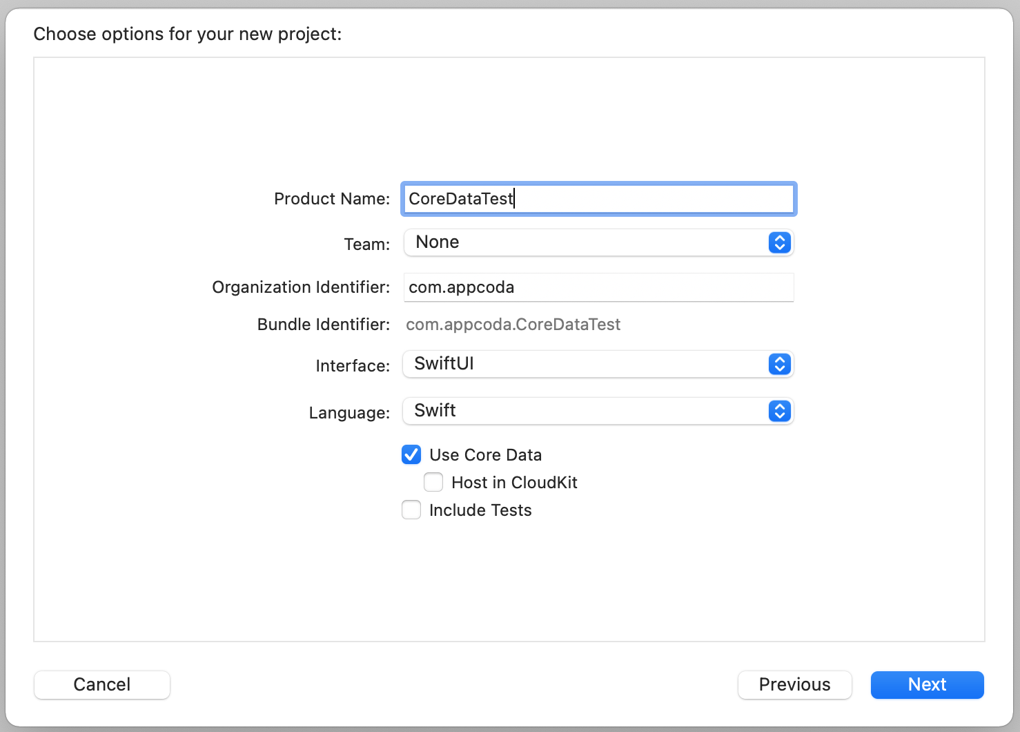 Figure 18-2. Creating a new project with Core Data enabled