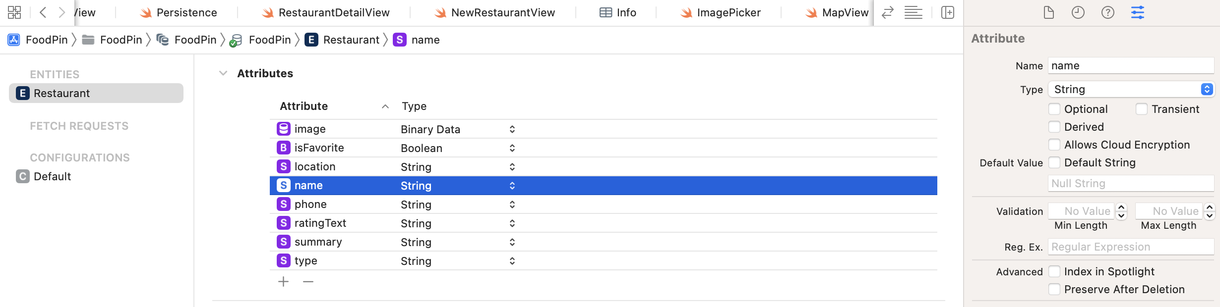 Figure 19-7. Editing attribute properties in the Data Model inspector
