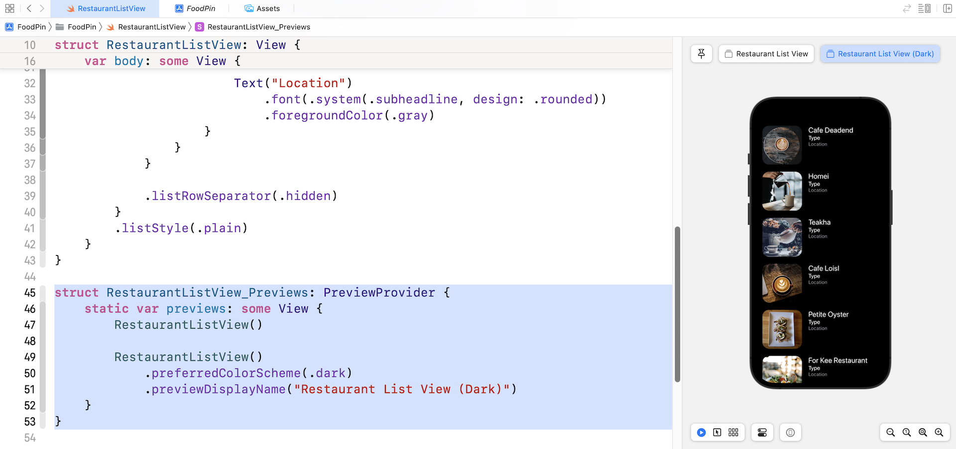 Figure 7-14. Previewing the app UI in dark mode