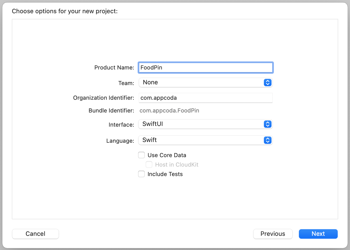 Figure 7-2. Create a FoodPin project