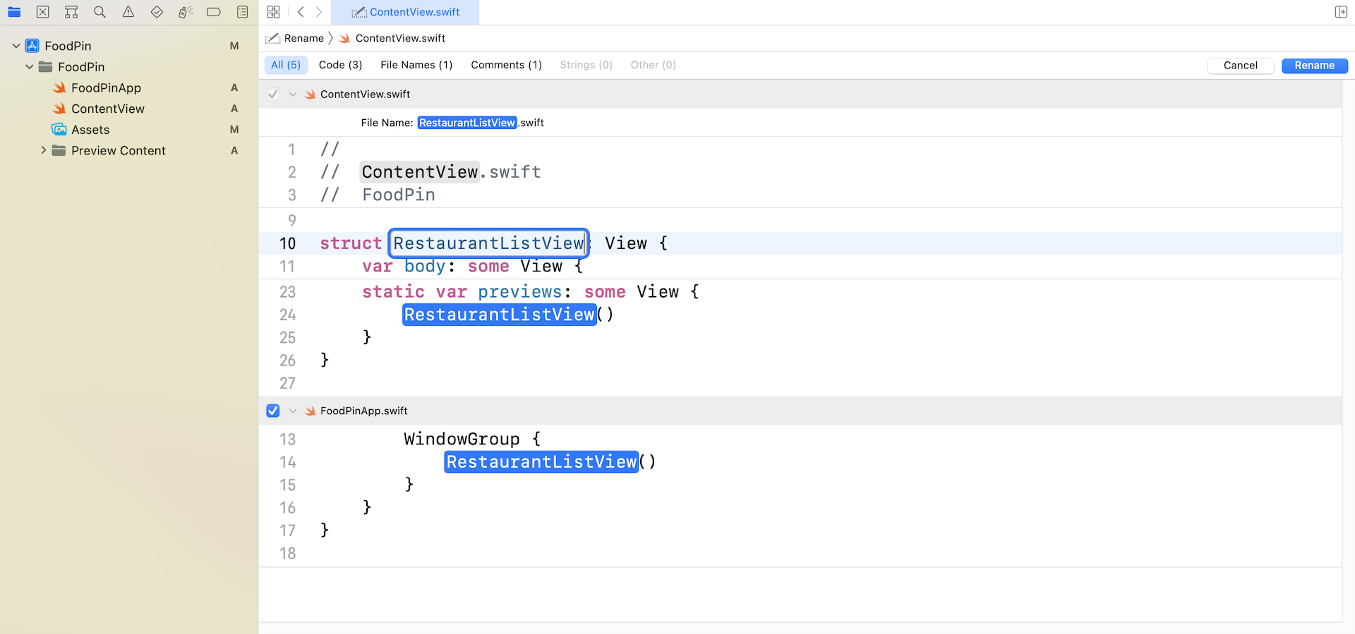 Figure 7-4. Update the name to RestaurantListView