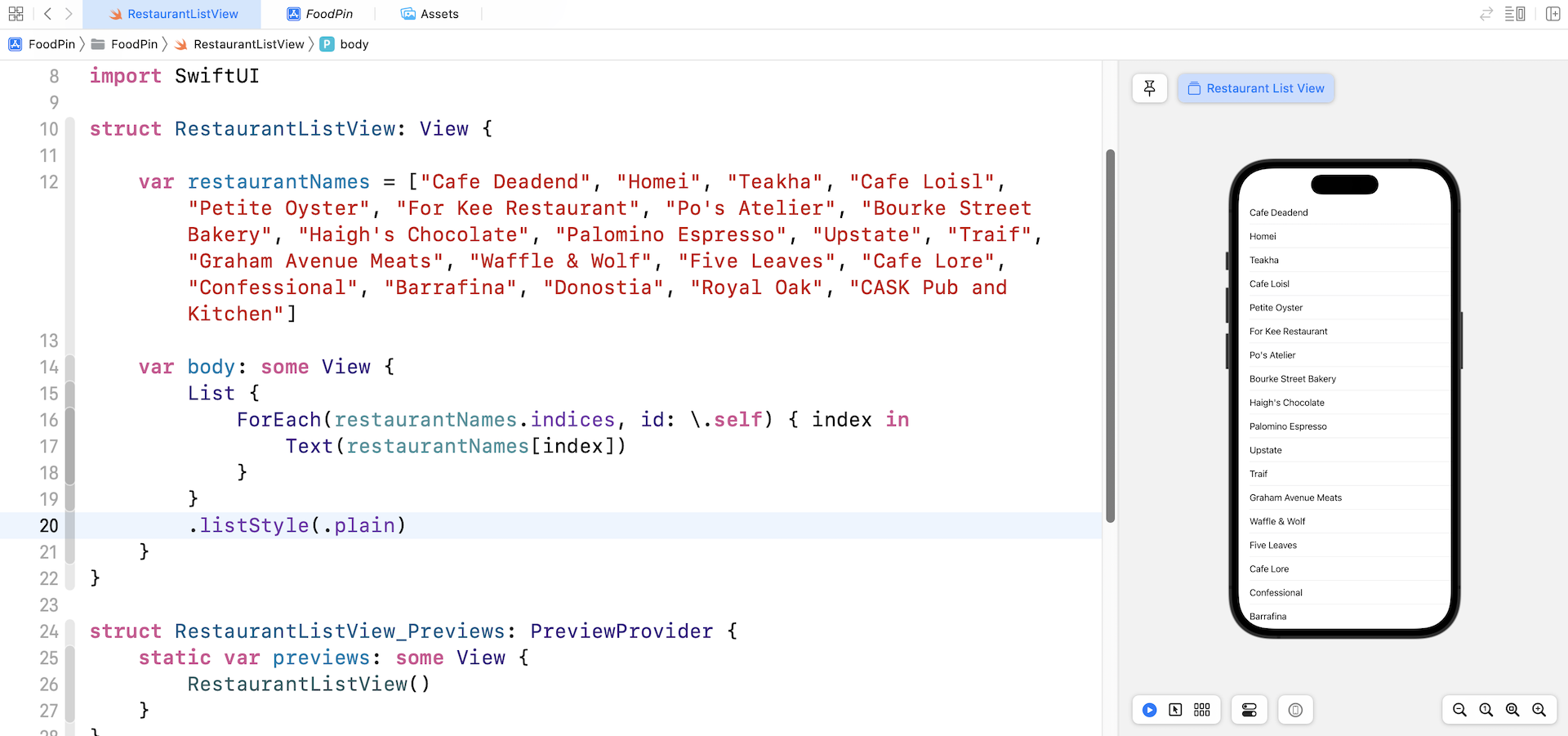 Figure 7-7. Presenting the restaurant name in a list