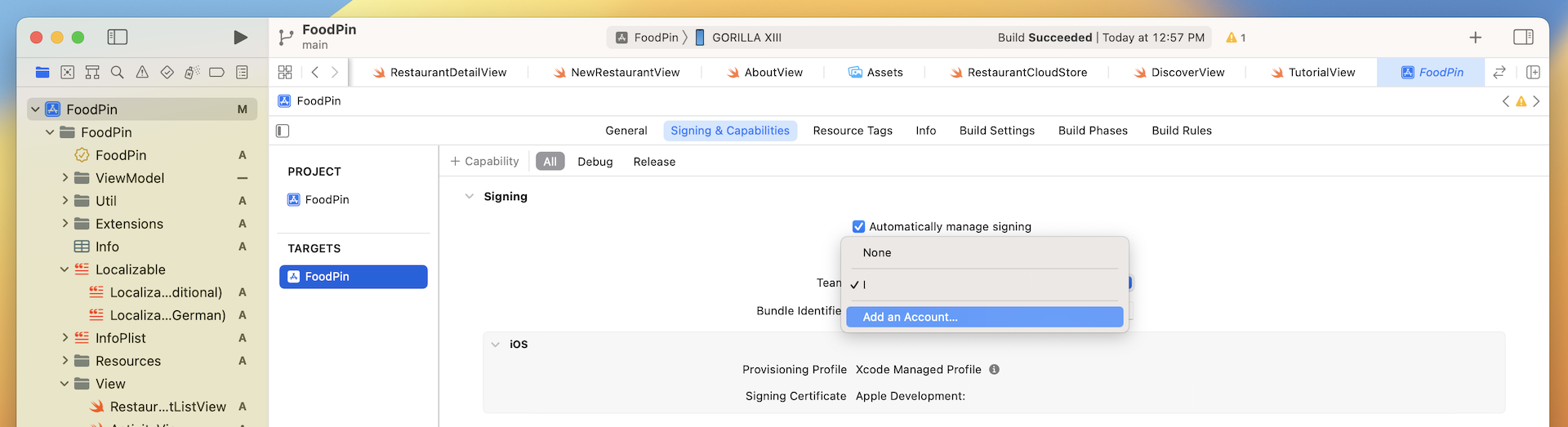 ￼Figure 25-2. Adding your iOS developer account in Xcode