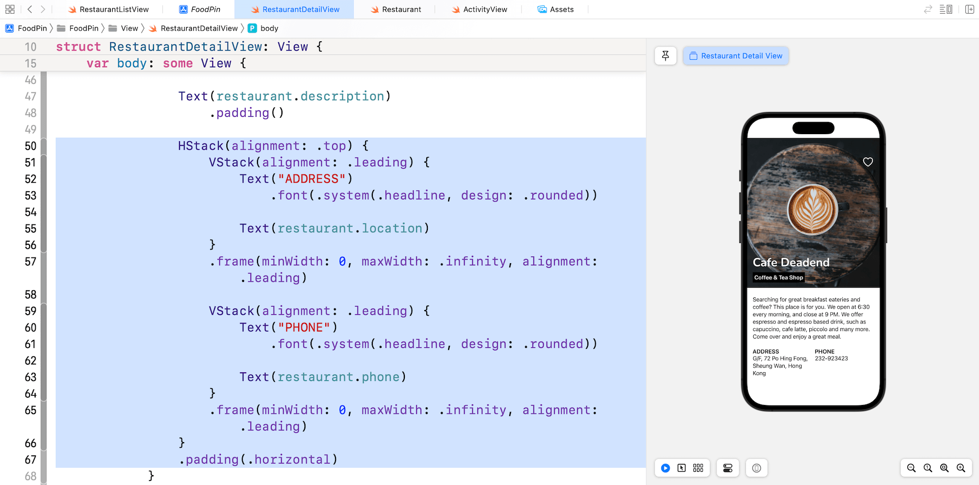 Figure 12-12. Displaying the restaurant description