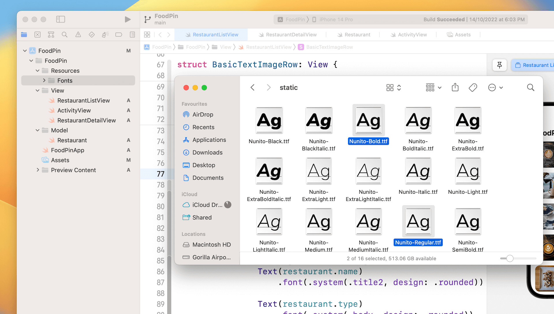 Figure 12-2. Adding the fonts file to the Xcode project