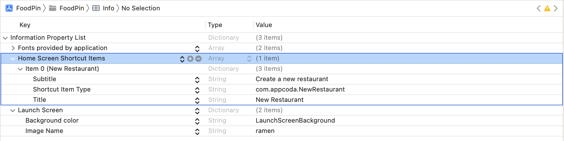 Figure 28-3. Sample Info.plist for static quick actions