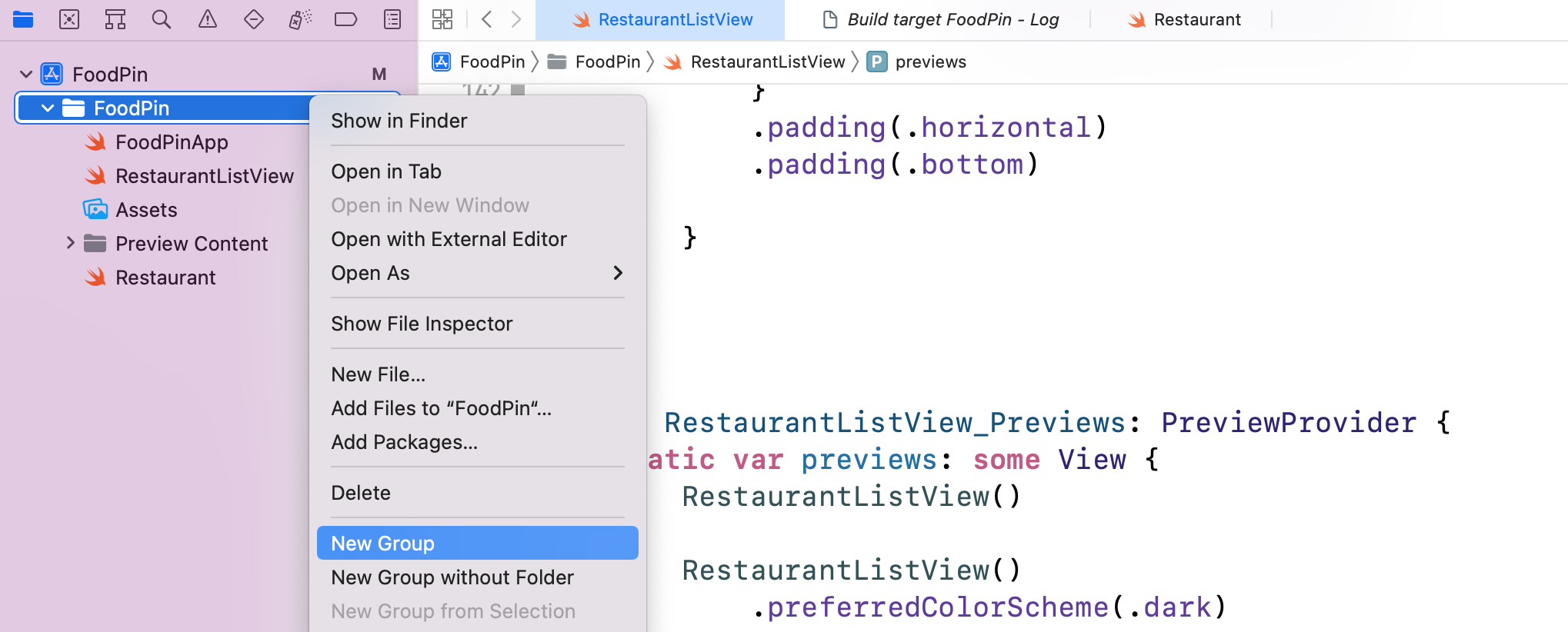 Figure 9-6. Right click FoodPin to create a new group