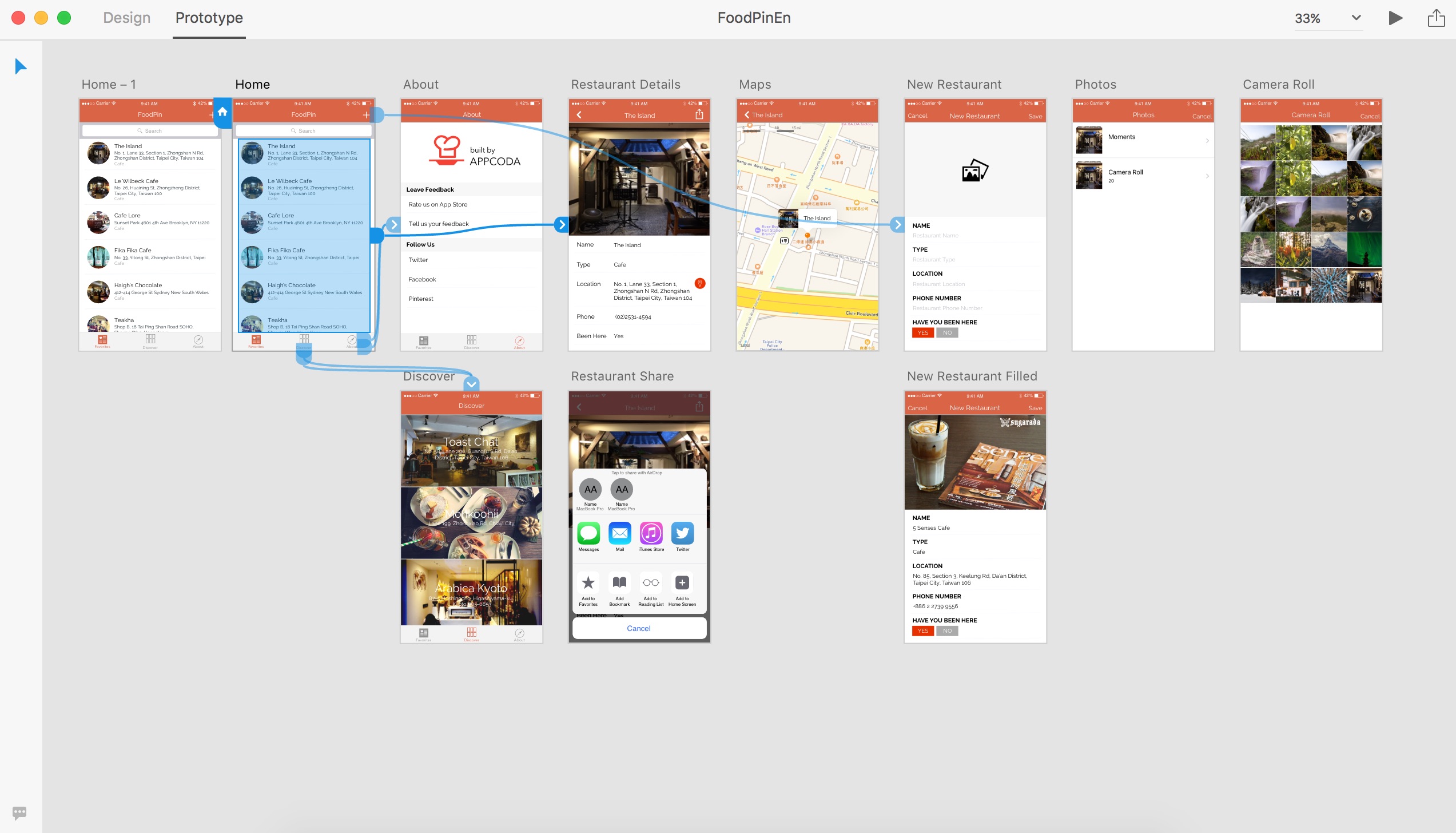 Figure 7-8. Prototyping the FoodPin App using Adobe XD