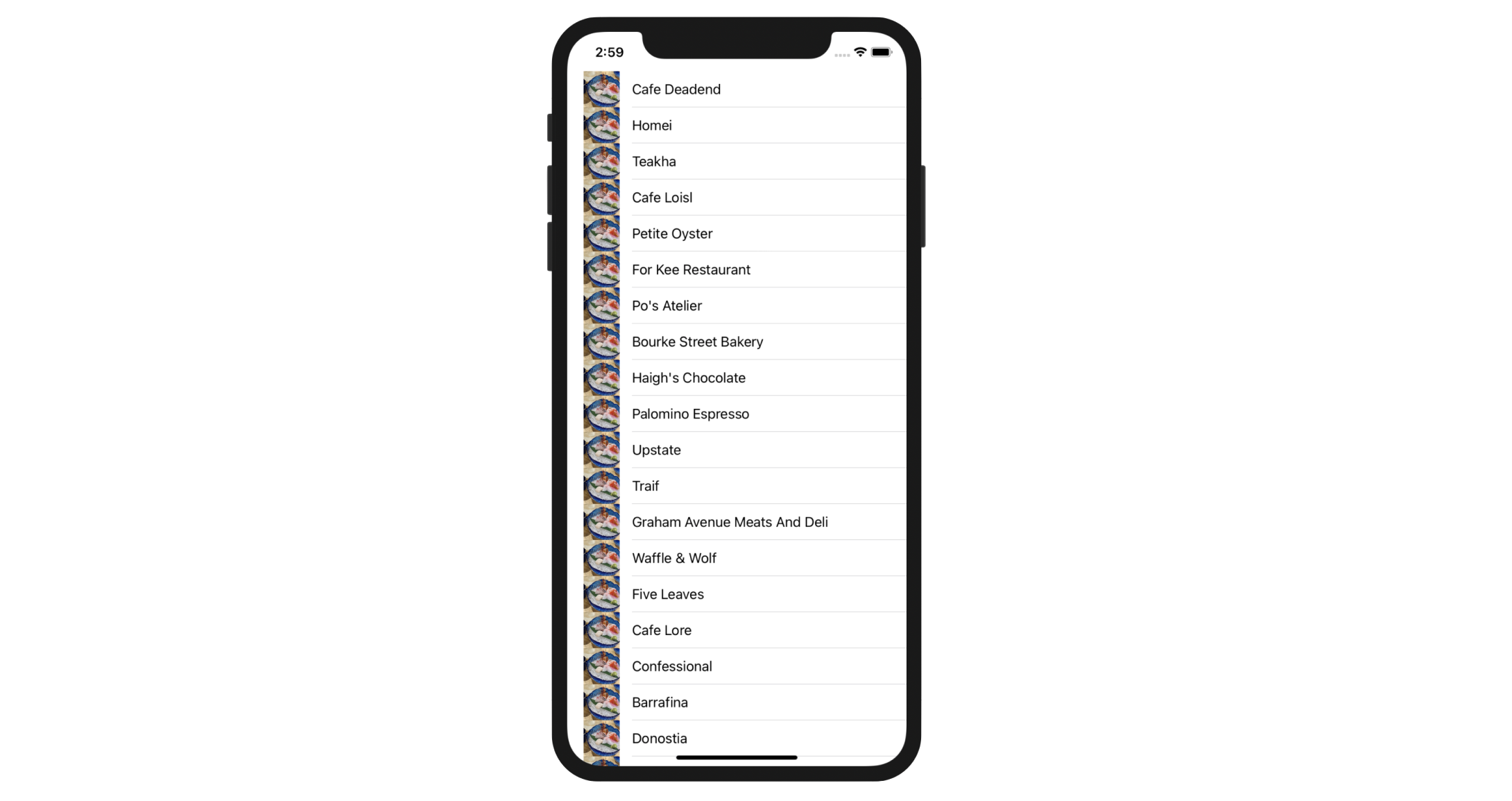 Figure 6-4. A simple table view showing rows of restaurants