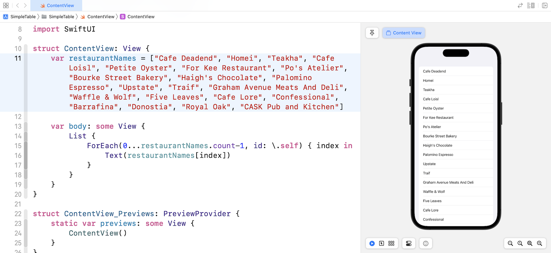 Figure 6-6. The app shows a list of restaurant names