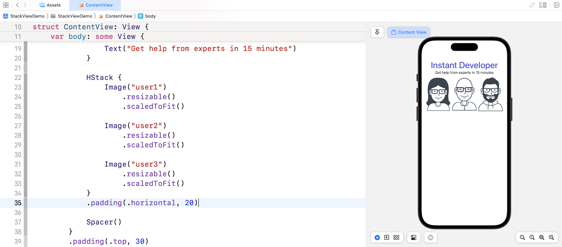 Figure 4-15. Attaching the padding modifier to the horizontal stack
