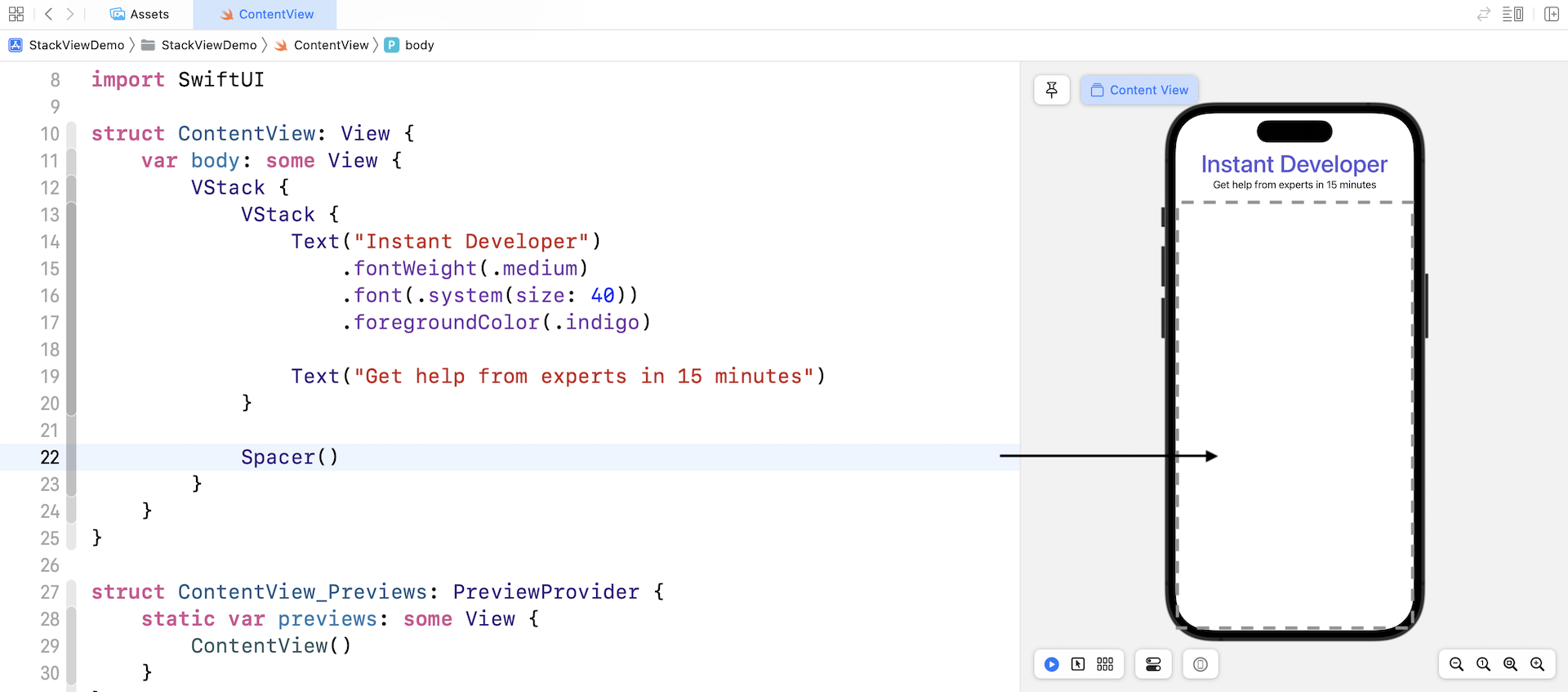 Figure 4-9. Adding a spacer to the root VStack view