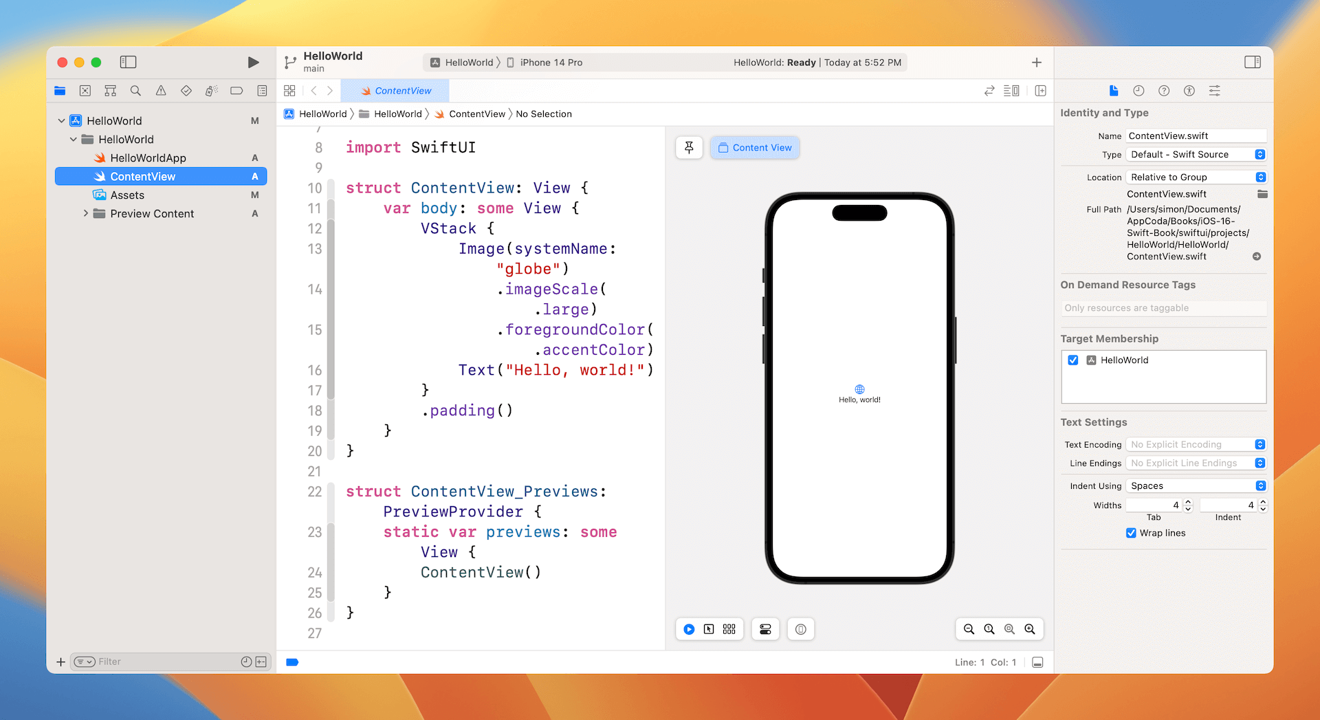 Figure 3-5. Xcode workspace with source code editor and preview pane