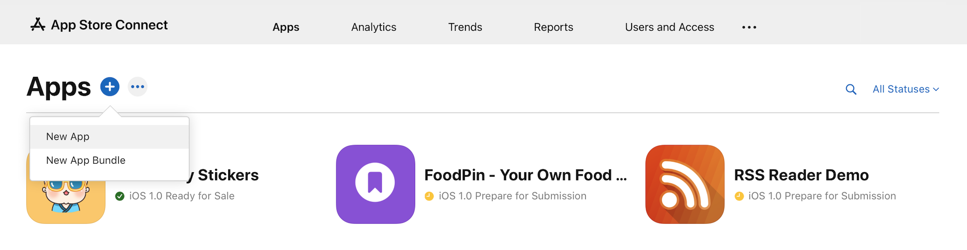Figure 26-1. Creating a new iOS app on App Store Connect