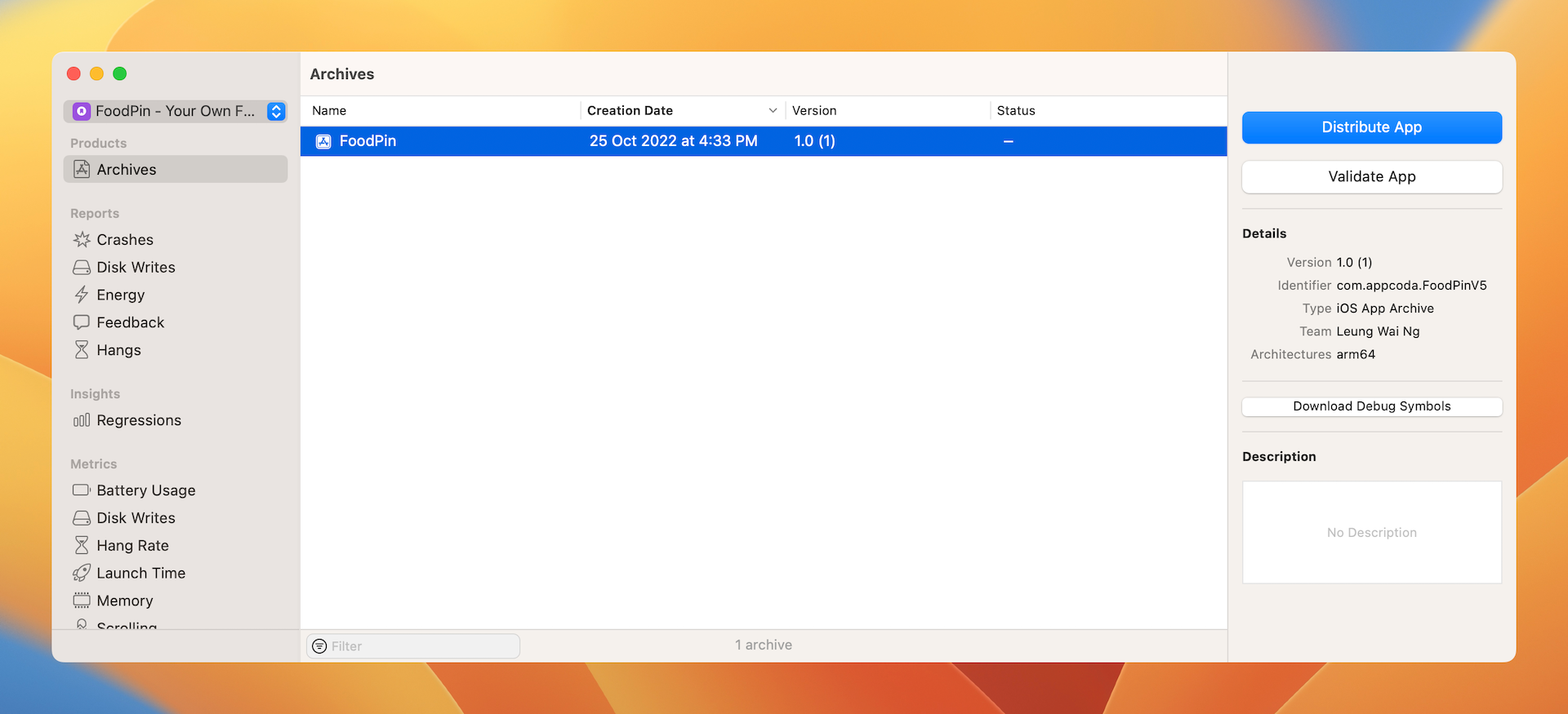 ￼Figure 26-15. Your app archive appears in Organizer