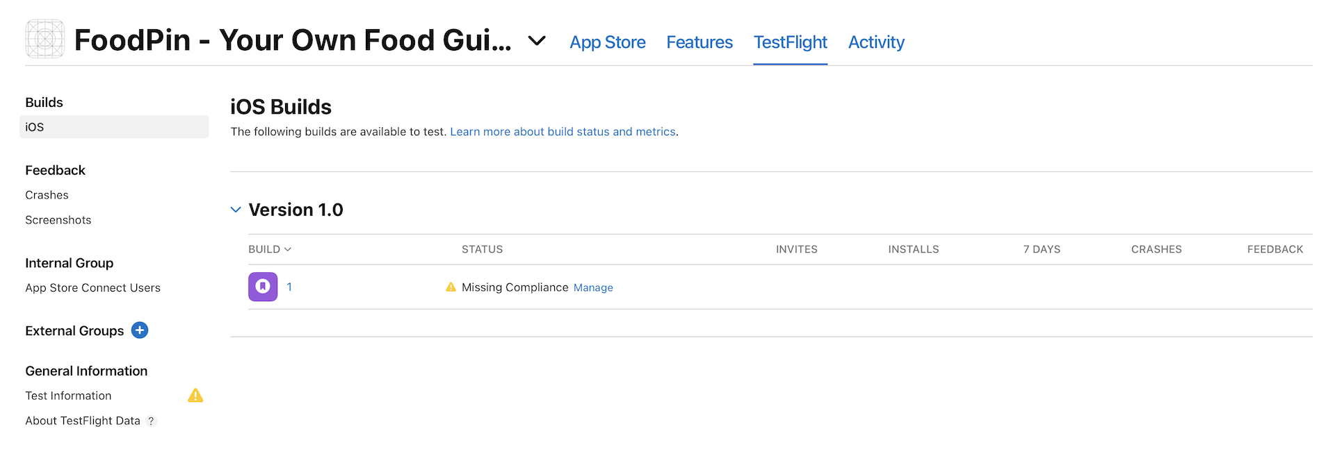 ￼Figure 26-18. Your iOS Build in TestFlight
