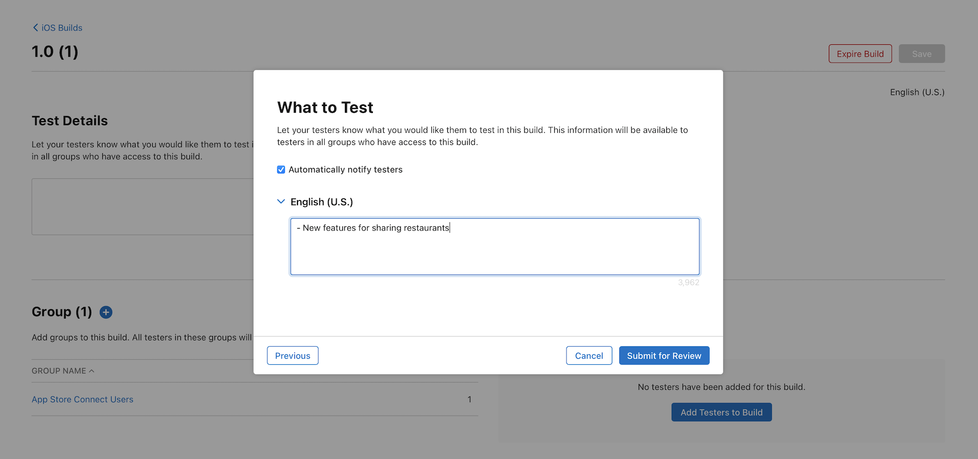 ￼Figure 26-22. You have to submit your app for review before you can invite external users for testing